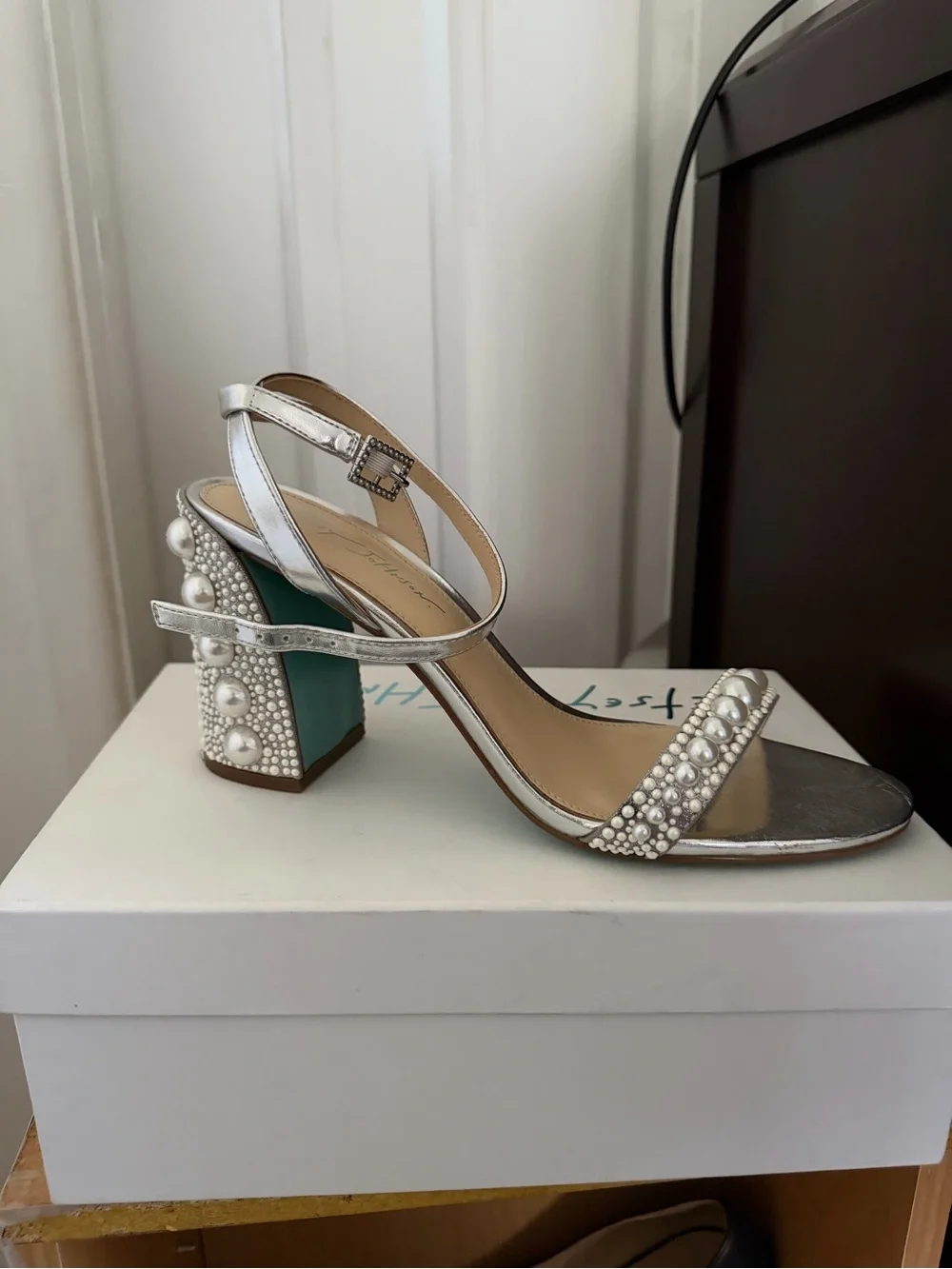 Betsey Johnson Silver Pearl-Embellished Block Heel Sandals